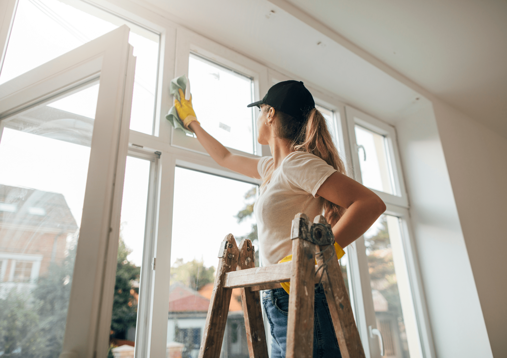 Persona limpiando las ventanas de su casa para su venta
