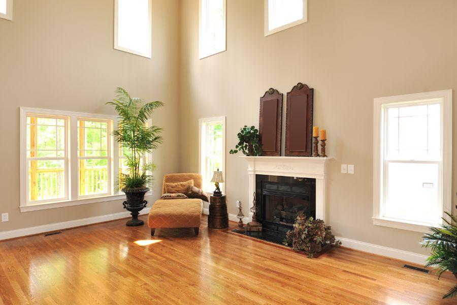 sala de estar con chimenea y suelo de parquet